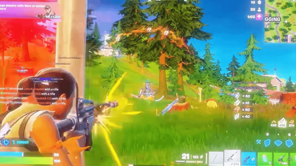 Fortnite combat scene with aim FOV arc, player ESP boxes, and distance text while firing