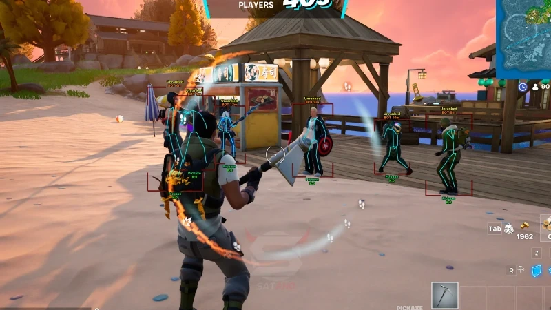 Fortnite third-person match with bot ESP boxes, skeleton overlays, and distance labels