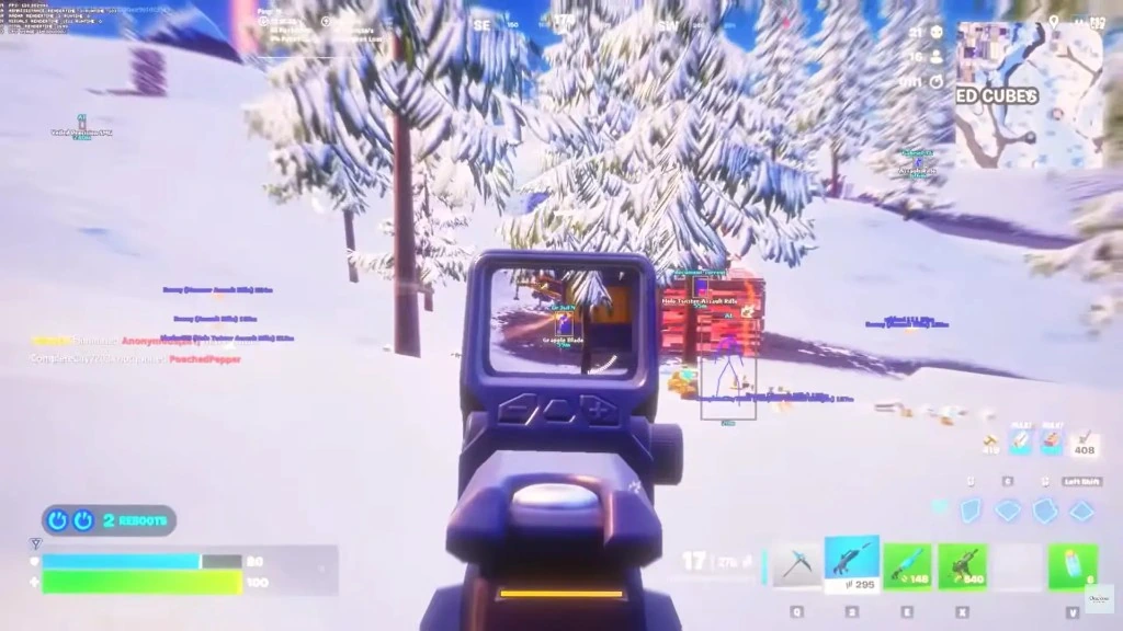First-person Fortnite snow fight with skeleton ESP and distance labels through a holographic sight