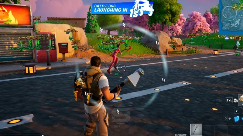 Fortnite pre-match lobby with skeleton ESP and distance tags on surrounding players