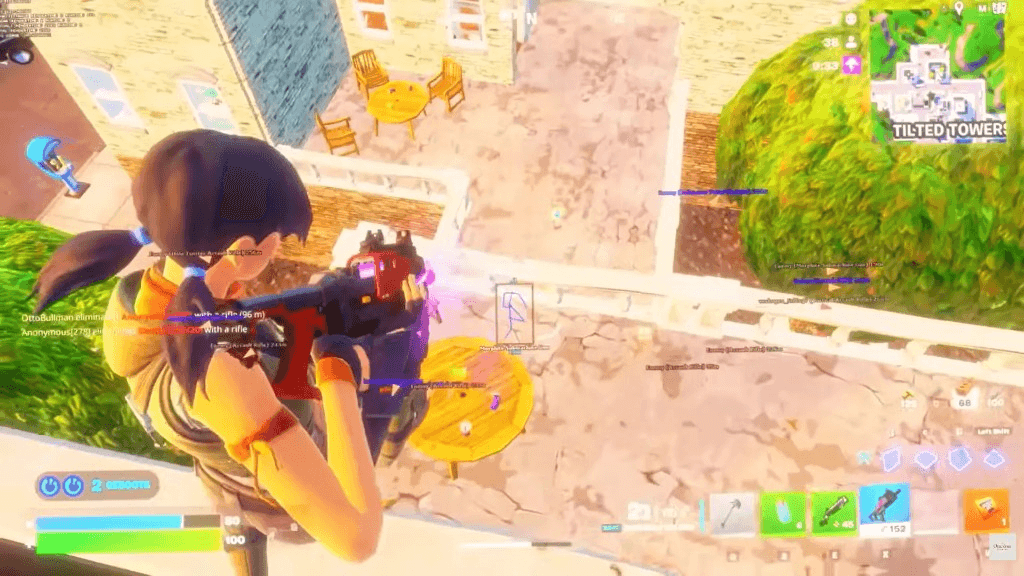 Fortnite Tilted Towers balcony view with blue skeleton ESP visible through a floor and enemy distance tags
